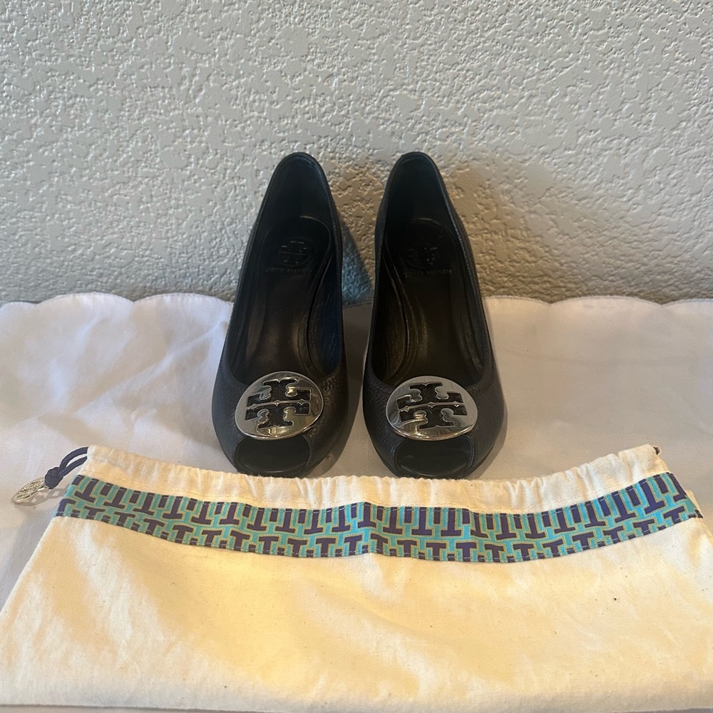 Tory Burch Black Leather Sally 2 Open Toe Wedge Pump